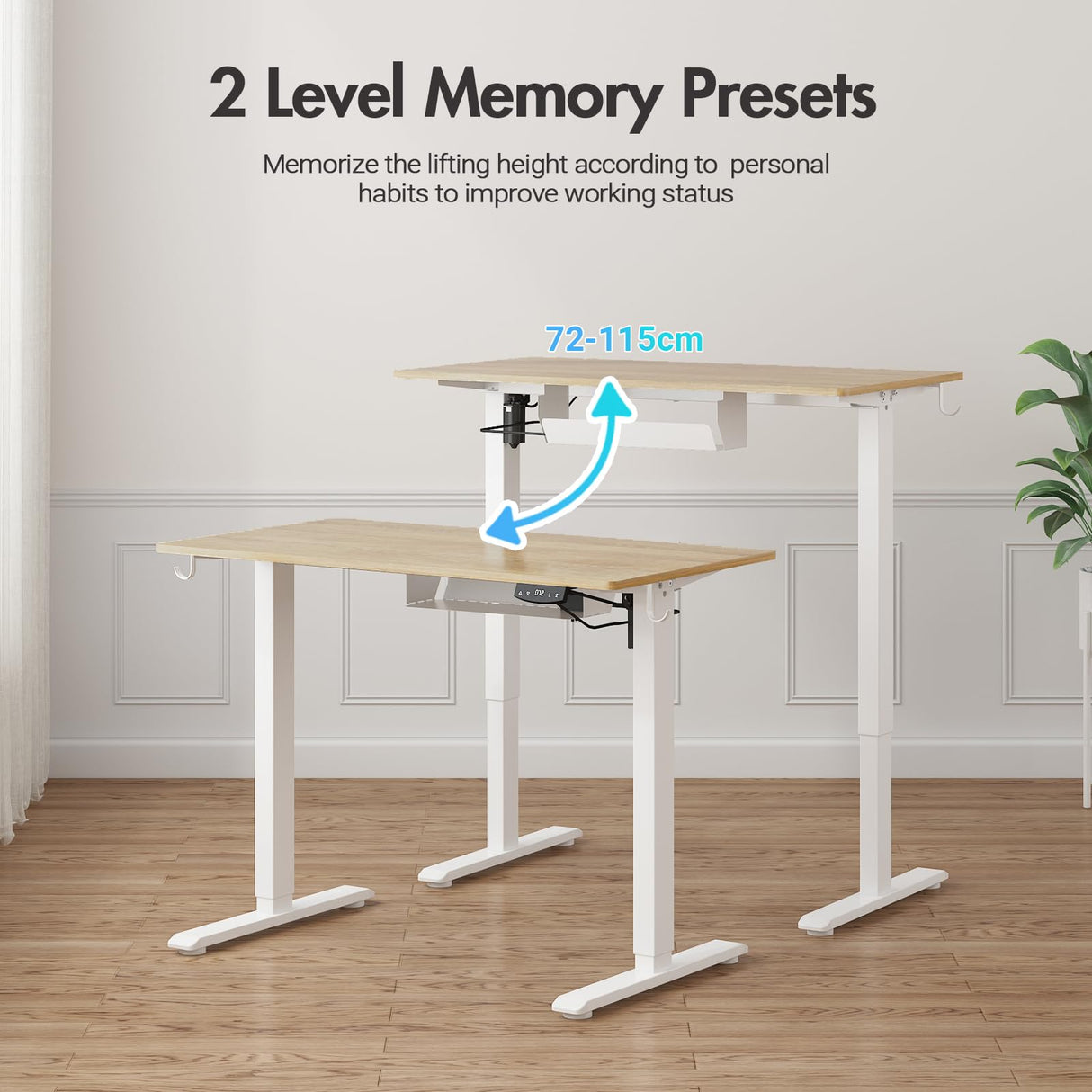 Electric Standing Desk, Height Adjustable Ergonomic Sit Stand Desks with Hanging Hooks and Cable Management, 100 x 55 cm Whole Piece Desktop, for Small Space, White Frame+Oak Desktop