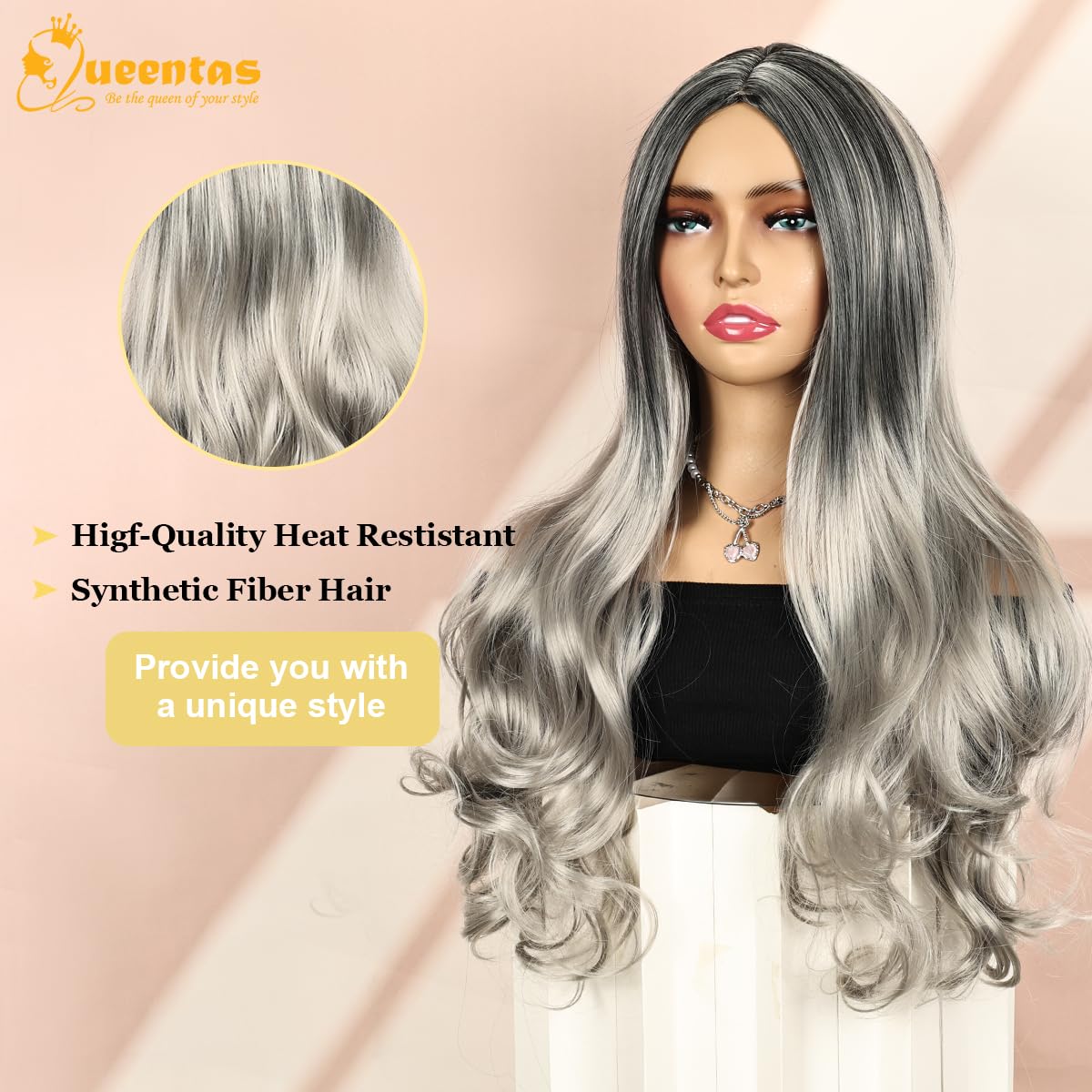 24 Inch Long Grey Wigs for Women Glueless Wavy Curly Wig Synthetic Hair Wig