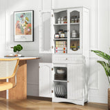 160 cm Tall Bathroom Storage Cabinet, Freestanding Linen Cabinet with 2 Glass Doors, 2 Adjustable Shelves and 1 Drawer, Kitchen Pantry Cabinet or Living Room, Dining Room, Office, White