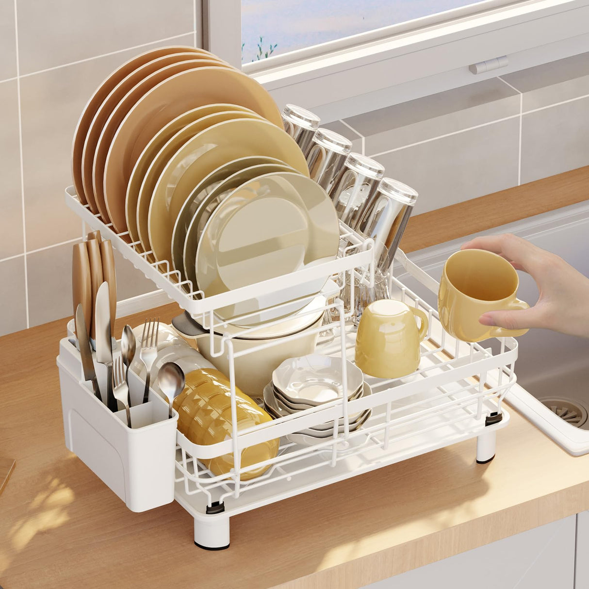 Dish Drying Rack for Kitchen Counter, 2 Tier Large Dish Rack with Drainboard, Multifunctional Anti-Rust Storage Rack, Detachable Metal Dish Drainer Organizer with Utensil Holder, Cups Holder (White)