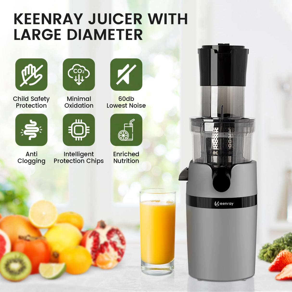 Juicer Machine for Whole Fruits and Vegetables, Cold Press Slow Juicer with Wide Mouth 80mm Feeding Chute, Reverse Function Quiet Motor Fresh Healthy Juice Extractor, EL18, Grey