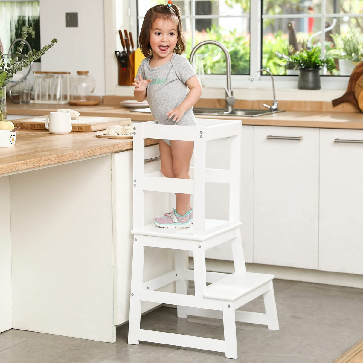 Kids Kitchen Step Stool for Kids with Safety Rail,Solid Wood Construction Toddler Learning Stool, Montessori Toddlers Kitchen Stool Tower (White)