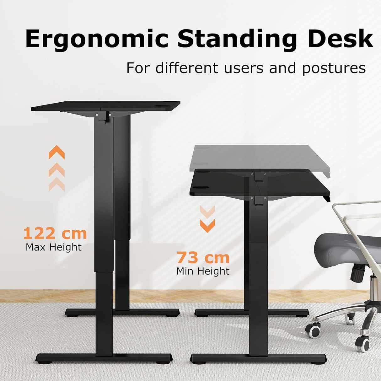 Electric Standing Desk, 140 x 60 cm Sit Stand Home Office Desk with 3 Memory Height Settings, Height Adjustable Computer Desk with 2 Hanging Hooks & Cable Management