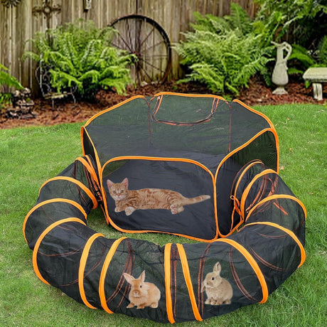 Outdoor Cat Enclosures, Portable Cat Tent for Outside Cat Playpen Enclosed with Tunnel, Small Animal Playpen Guinea Pig Rabbit Cage,Pop Open Exercise Yard Fence with Top Cover