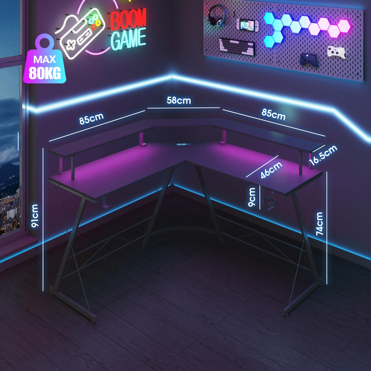 L Shaped Gaming Desk with LED Lights & Power Outlets Computer Desk with Monitor Stand Corner Desk