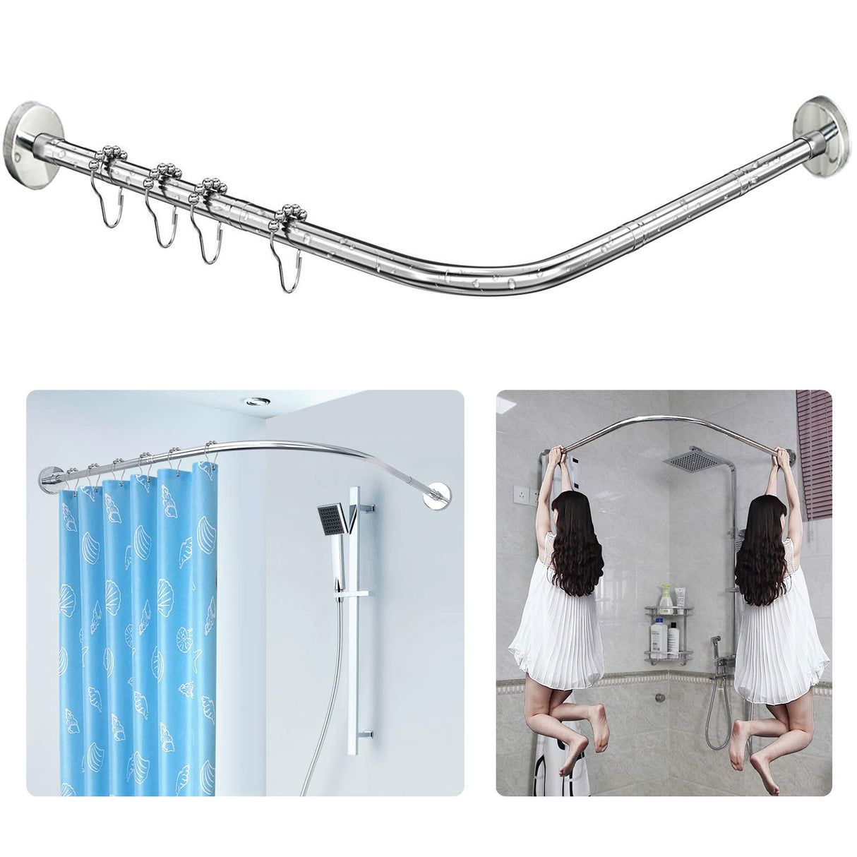 Stretchable 304 Stainless L Shaped Bathroom Bathtub Corner Shower Curtain Rod Rack (70-100cm X 70-100cm), Drill Free Install, for Bathroom, Clothing Store, Private space