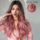 24 Inch Long Pink Wigs for Women Wavy Curly Wig Center Parted No Bangs Synthetic Hair Wig