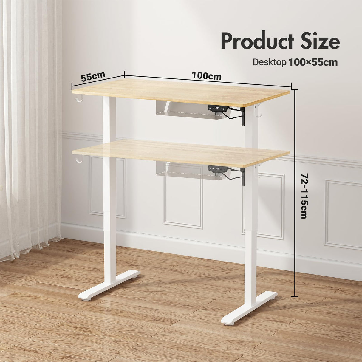 Electric Standing Desk, Height Adjustable Ergonomic Sit Stand Desks with Hanging Hooks and Cable Management, 100 x 55 cm Whole Piece Desktop, for Small Space, White Frame+Oak Desktop