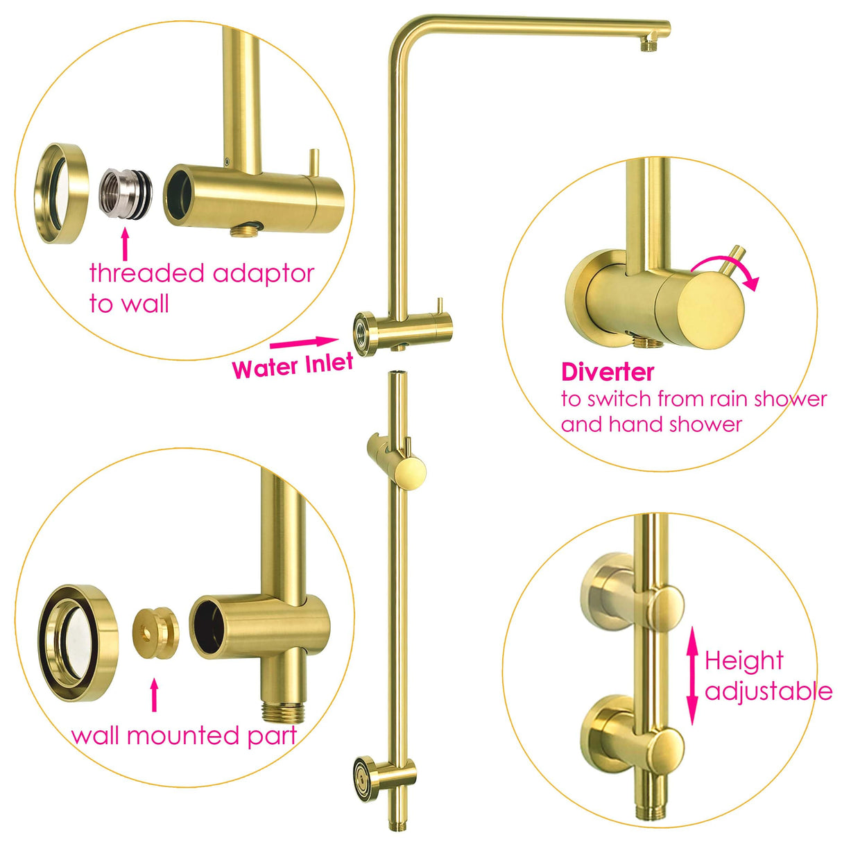 WELS Twin Shower Head Set Sliding Rail 3 Mode Handheld Arm Round Brushed Gold