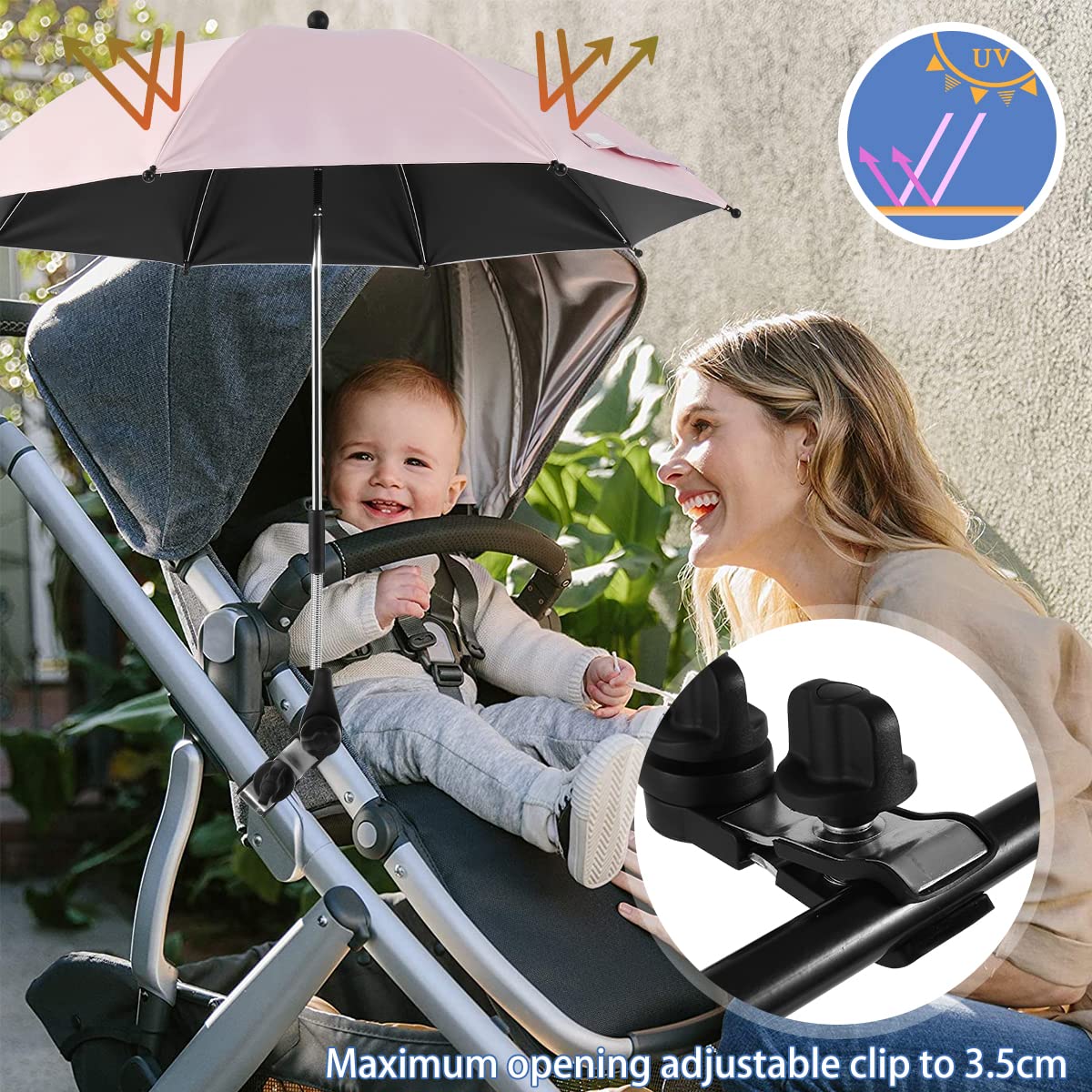 360 UV Protection Waterproof Pram Parasol UPF 50+ UV Protect with Adjustable Clamp and Flexible Arm Umbrella for Pram Stroller Pushchair and Buggy (85cm pink)