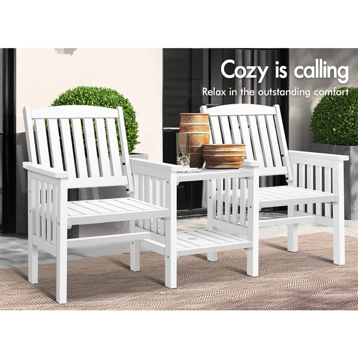 Outdoor Loveseat & Table Set Durable Fir Wood Twin Integrated Armchairs,Wooden Garden Bench Furniture Set with Solid Construction Double-Deck Coffee Table White Colour