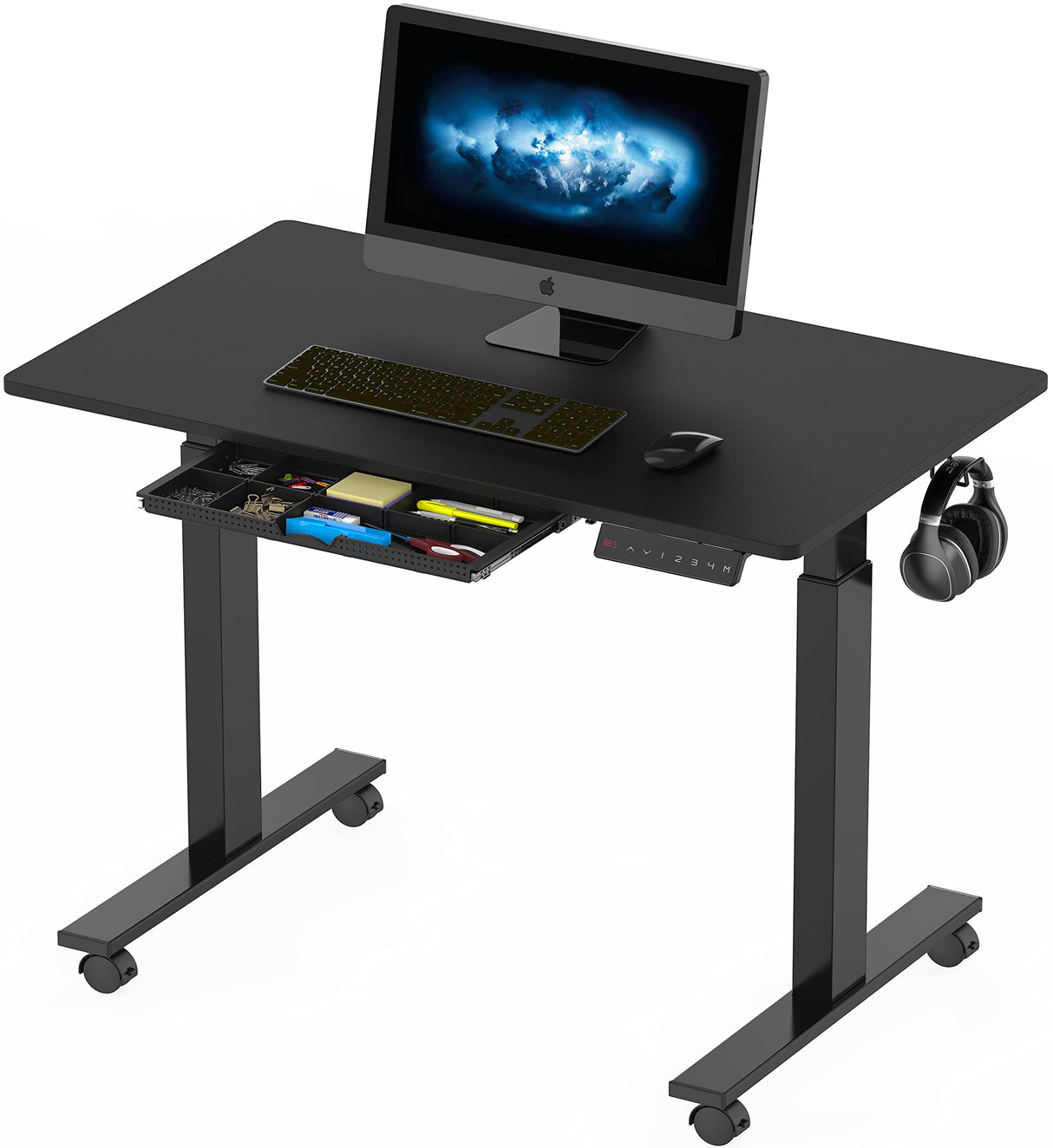 Small Electric Height Adjustable Mobile Sit Stand Desk with Drawer, Hanging Hooks and Cable Management, 101 x 61 cm, Black