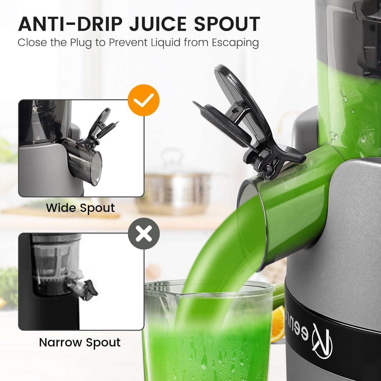 Juicer Machine for Whole Fruits and Vegetables, Cold Press Slow Juicer with Wide Mouth 80mm Feeding Chute, Reverse Function Quiet Motor Fresh Healthy Juice Extractor, EL18, Grey