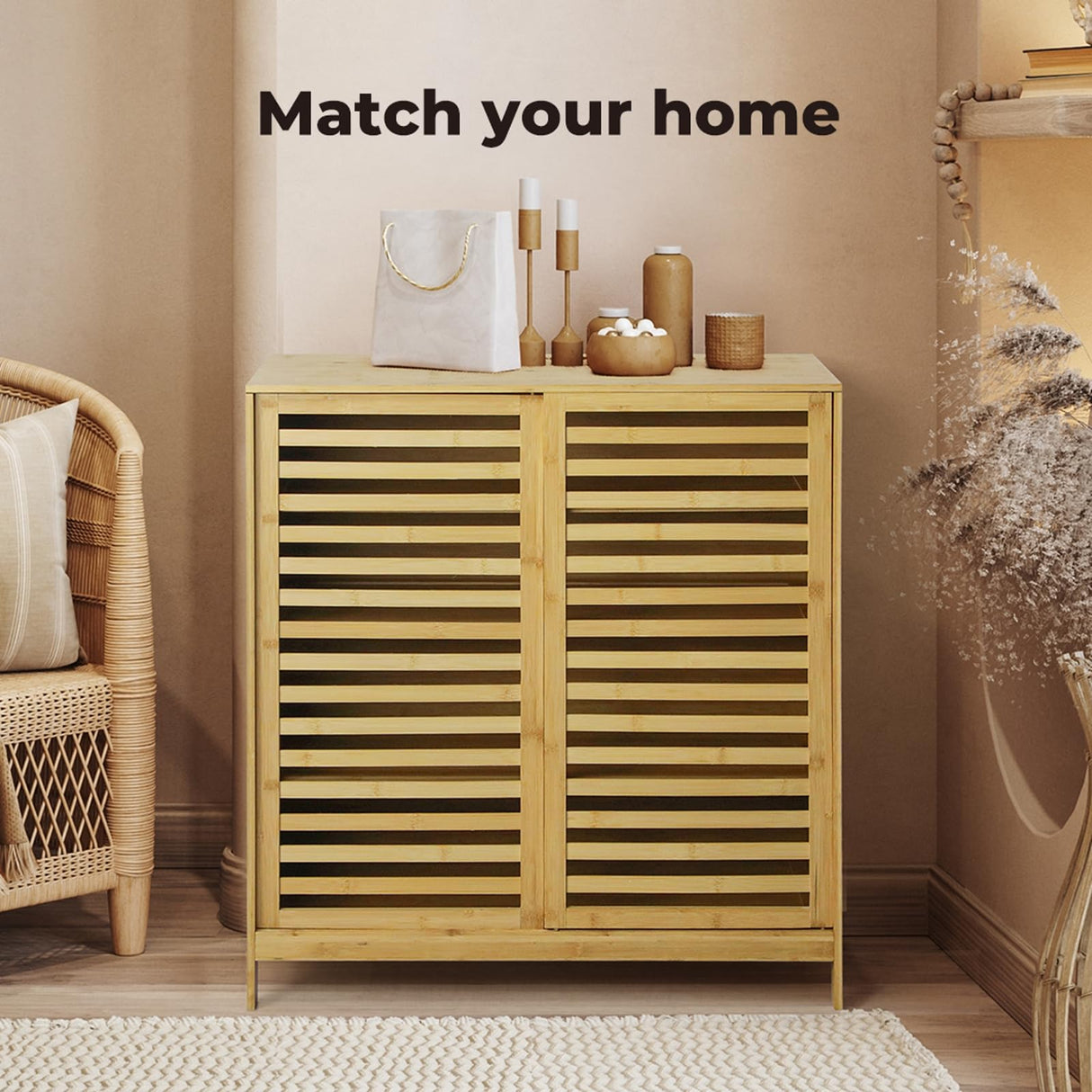 Bamboo Storage Cabinet, Freestanding Organizer, Cabinets Cupboard with Louvered Door and Open Shelf, for Bathroom Laundry Room, Entryway, Kitchen, Natural,80cm x 40cm x 88cm