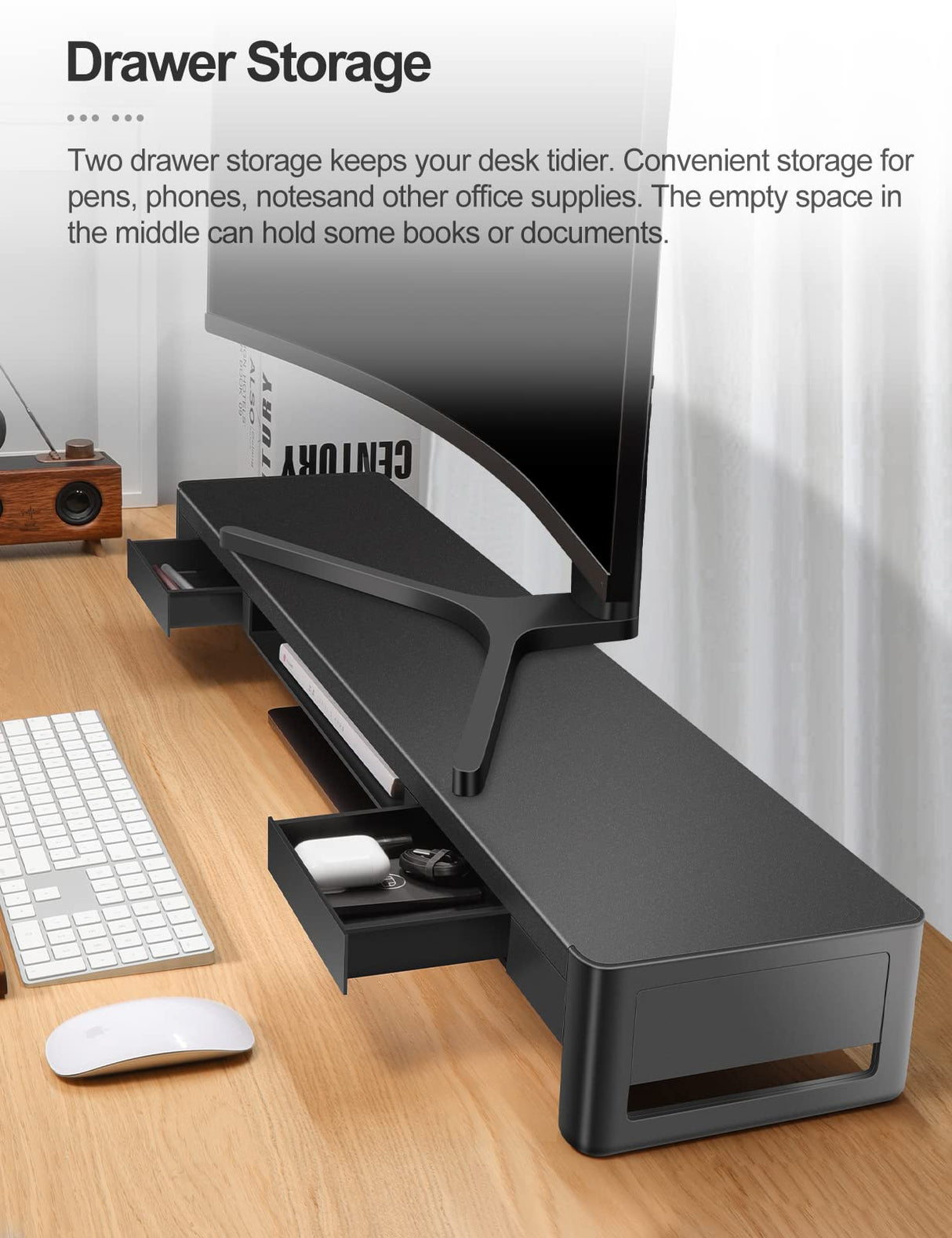 Dual Monitor Stand with 2 Storage Drawers, Metal Computer Monitor Stand, Monitor Shelf with Extendable Drawer, Keyboard and Mouse Storage, Desktop Organizer