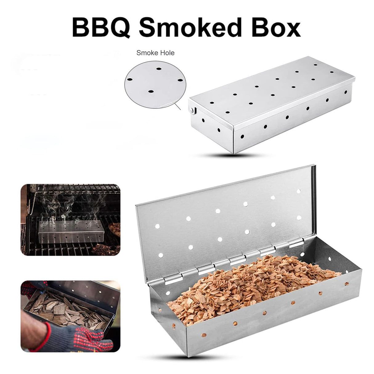 Smoker Box for Wood Chips,Pellet Smoker Tube,Stainless Steel Smoke Box for Cold or Hot Smoking,Add Smoked BBQ Flavor,Hinged Lid,Warp Free Grill Accessories,Use a Gas or Charcoal BBQ Grill