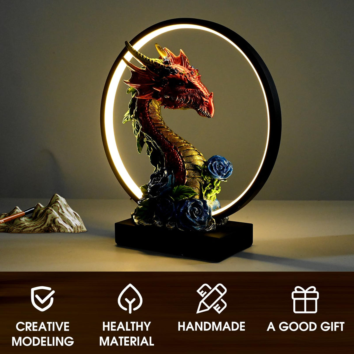 Hmusnwol-Dragon Figurines Lamp-Collectible Figurines-Dargon Statue - 13.18 inch LED Circle Table Lamp Figurine Dungeon and Dragons Gifts