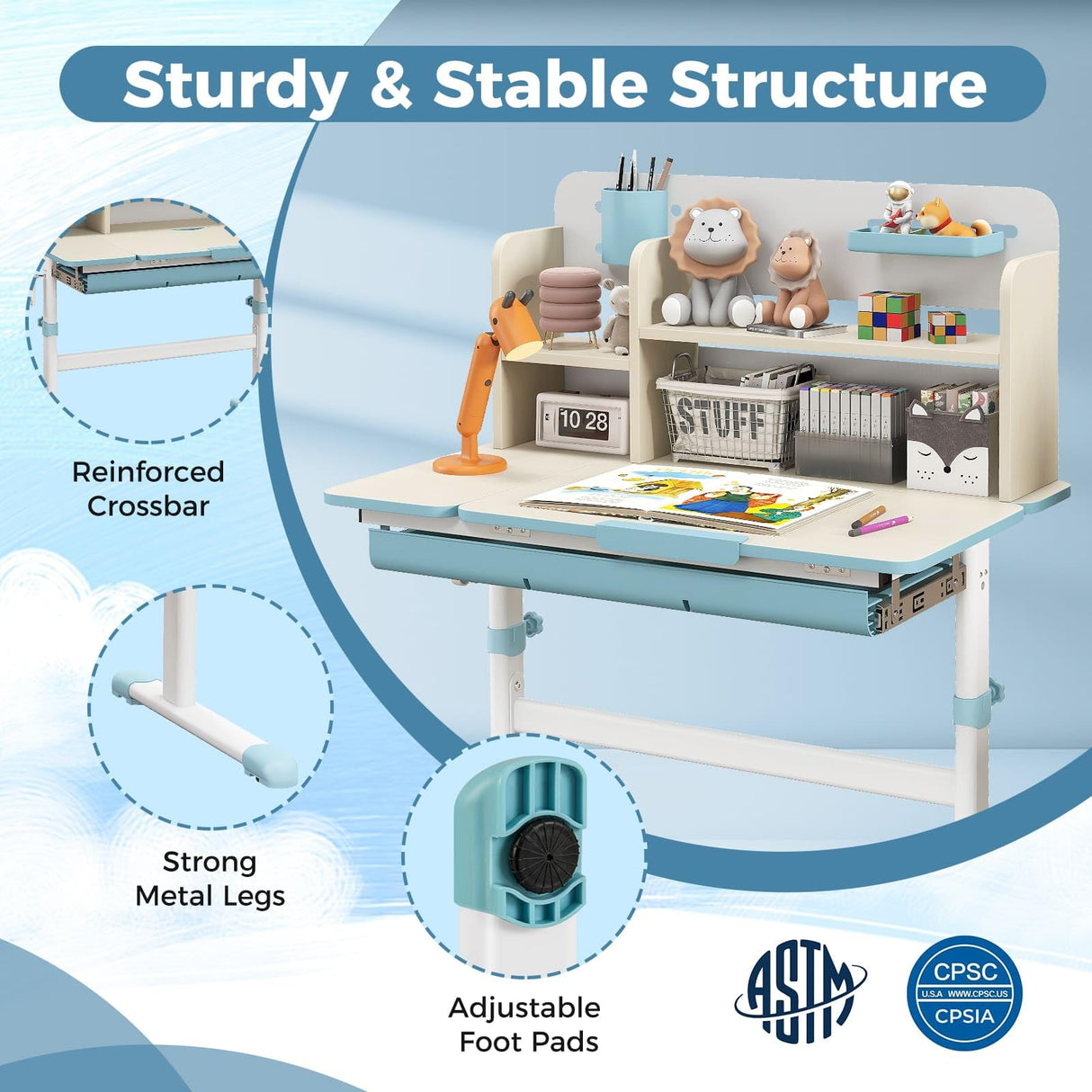 Kids Study Desk, Height Adjustable Children Writing Table w/Tilt Desktop, Home School Student Learning Desk w/Hutch, Storage Drawer, Tray, Pen Holder & Scale Ruler for 3-12 Years, Blue