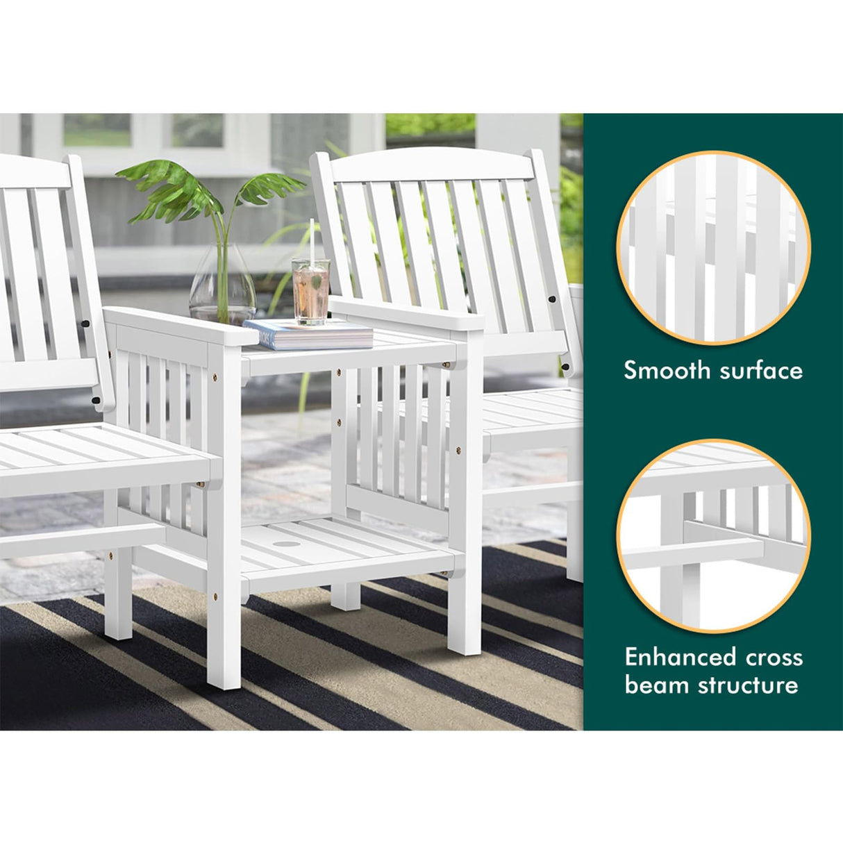 Outdoor Loveseat & Table Set Durable Fir Wood Twin Integrated Armchairs,Wooden Garden Bench Furniture Set with Solid Construction Double-Deck Coffee Table White Colour