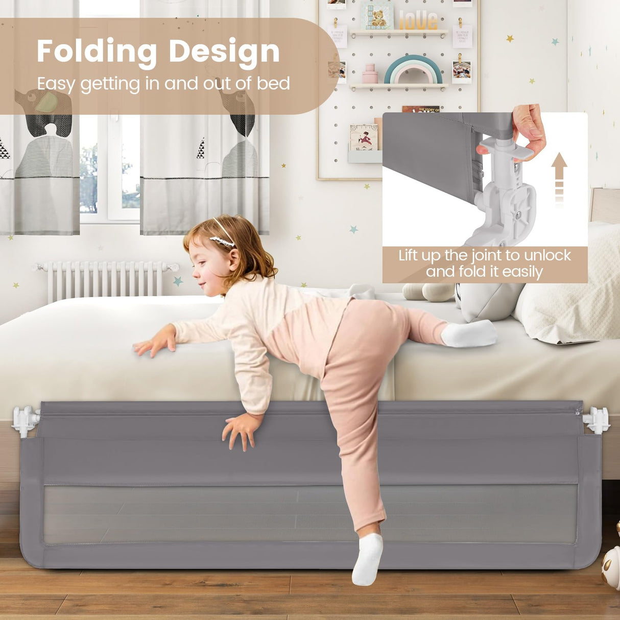 Bed Rail Guard for Toddlers, 180 x 55 cm Foldable Baby Bed Rail w/Removable Safety Strap for Crib, Twin, Double, Queen & King Size Bed, Swing Down Children Safety Bedrail (Grey)