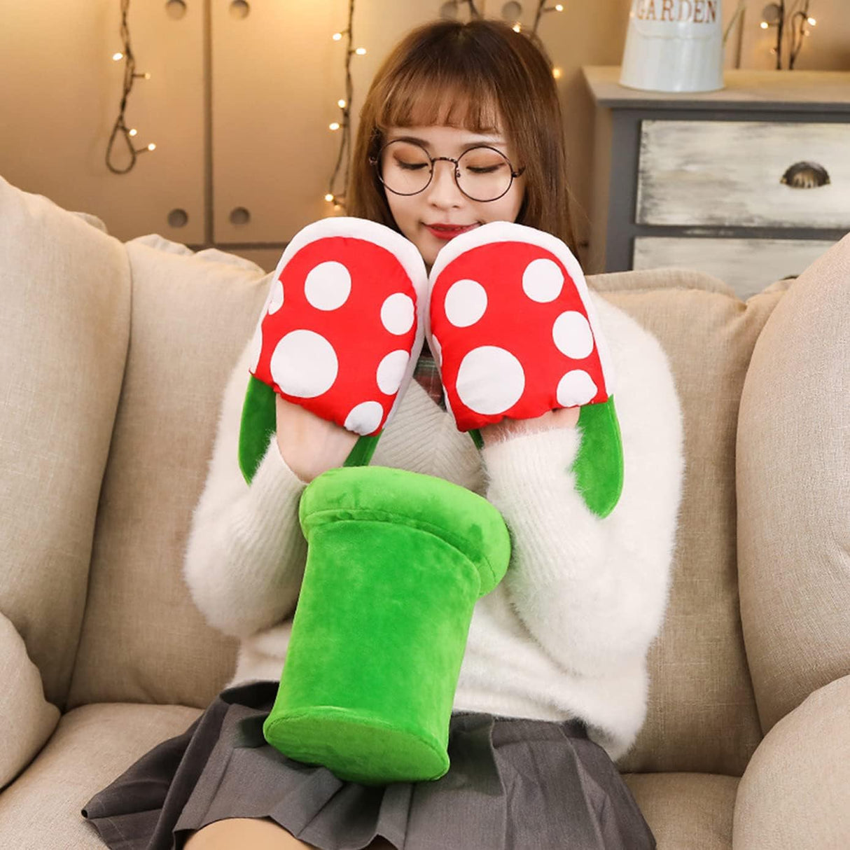 Piranha plant slippers Cute Cartoon Cotton Shoes with Green Pipe Pot Holder Valentine's Day Gifts