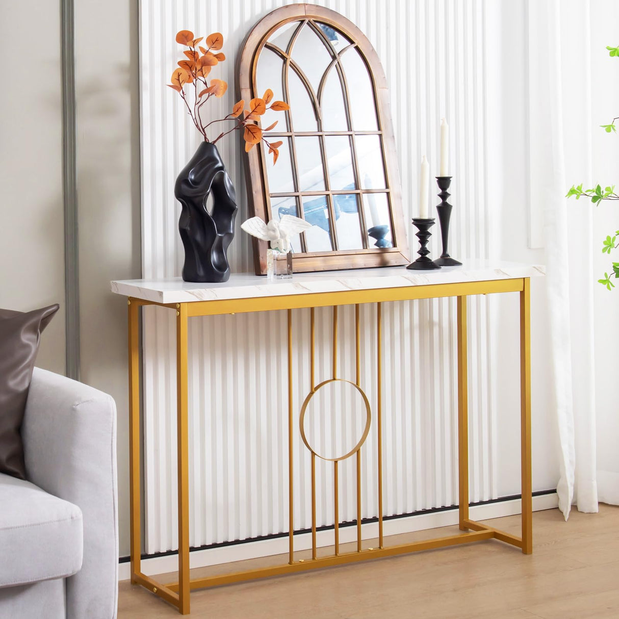 120cm Entryway Table Faux Marble Top Console Table w/Gold Finished Frame Modern Long Sofa Side Table w/Heavy-duty Metal Frame Narrow Accent Display Table for Living Room Hallway Entryway