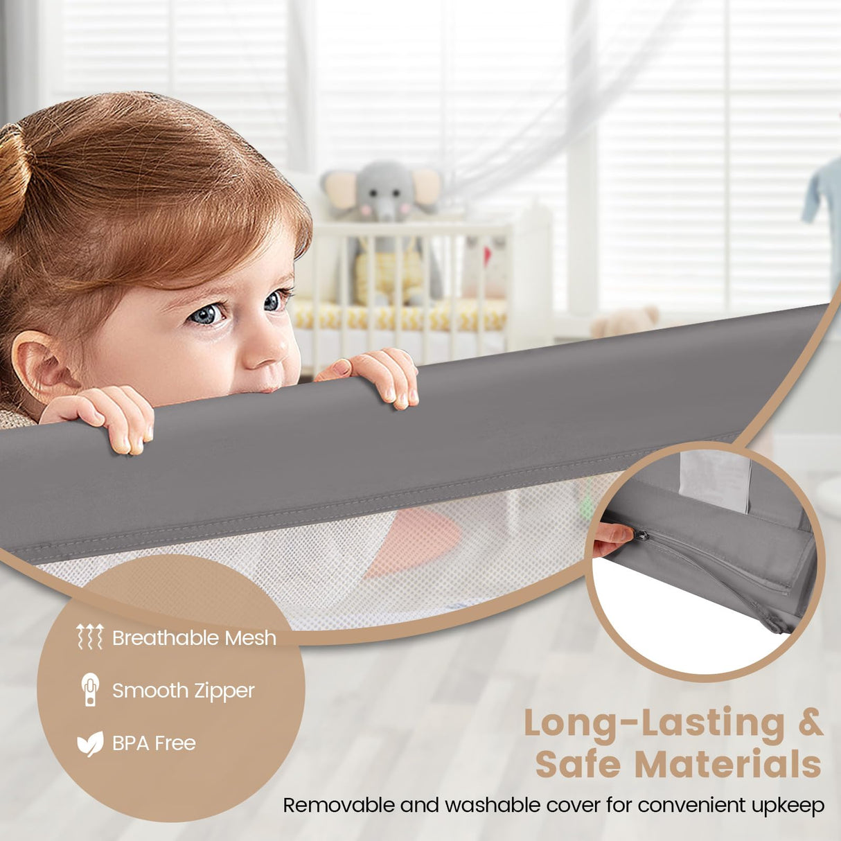 Bed Rail Guard for Toddlers, 180 x 55 cm Foldable Baby Bed Rail w/Removable Safety Strap for Crib, Twin, Double, Queen & King Size Bed, Swing Down Children Safety Bedrail (Grey)