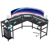 L-Shaped Gaming Desk with Power Outlets & LED Strips, L-Shaped Computer Desk with Storage Shelves, Corner Gaming Desk with Monitor Stand, Black Modern Writing Desk Home Office, Game Room