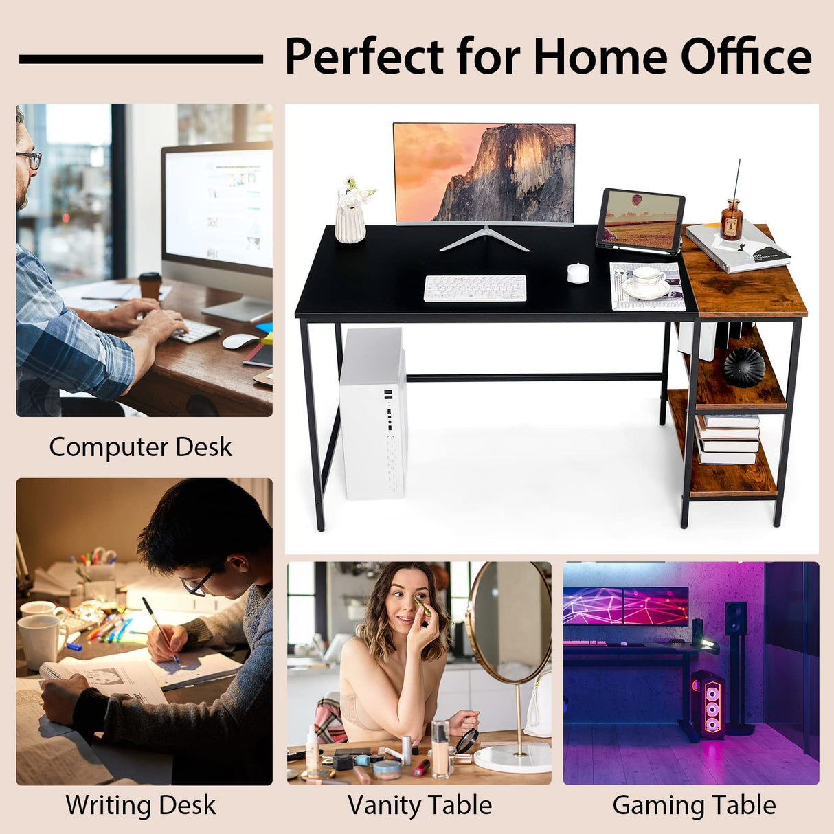 140 CM Computer Desk, Large Home Office Desk with 2-Tier Storage Shelves, Modern Laptop PC Desk with Heavy-Duty Steel Frame, Multipurpose Writing Desk Study Desk (Black)