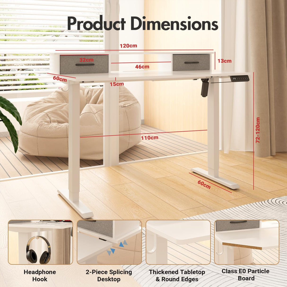 Electric Standing Desk with 2 Drawers, Adjustable Height Sit Stand up Desk with Storage Shelf, 120cm Splice Board White