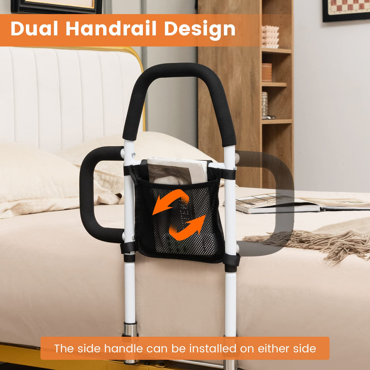 Bed Rail for Elderly Adults, Safety Bed Assist Rail w/Dual Handrail, Free Storage Pocket & Fixing Strap Fits King, Queen, Twin, Full Bed, Medical Bed Rail for Seniors, Support up to 136 kg