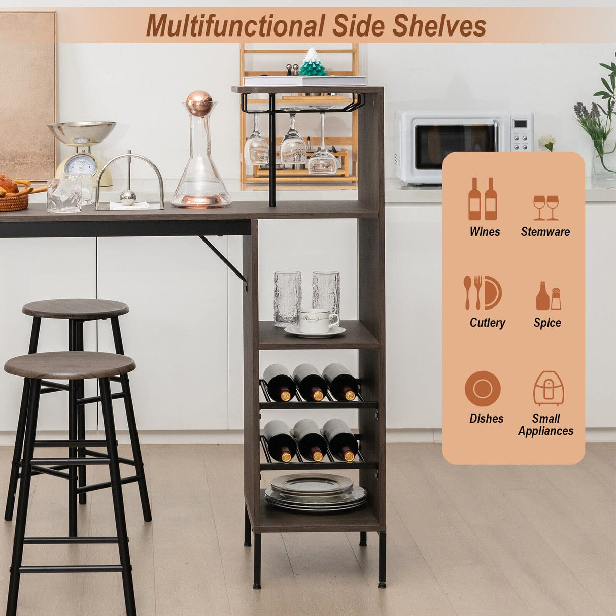 3PCS Bar Table and Chair Set, Industrial Pub Table and Stools with Wine Glass Holders & 6-Bottle Wine Racks, Counter Height Dining Table Set for Living Room Dining Room Kitchen, Brown