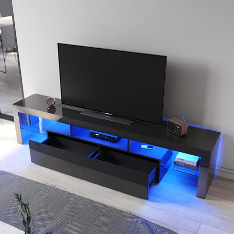 200cm LED TV Cabinet with Glass Shelf 16 RGB LED Lighted for TVs, TV Entertainment Unit with Ambient Lights for Living Room Bedroom