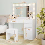 Dressing Table Stool Set with Large Make up Mirror 12 LED Bulbs Vanity Desk with 4 Storage Drawers and 1 Cabinet for Women Girls Kids Wooden Home Bedroom Furniture White