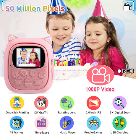 50MP Kids Instant Camera with 3 Rolls Print Paper for Boys and Girls, 1080P Digital Camera for Children, 2.0' IPS Selfie Toy Camera Toddler Rechargeable Video Recorder with 32GB TF Card(Pink)