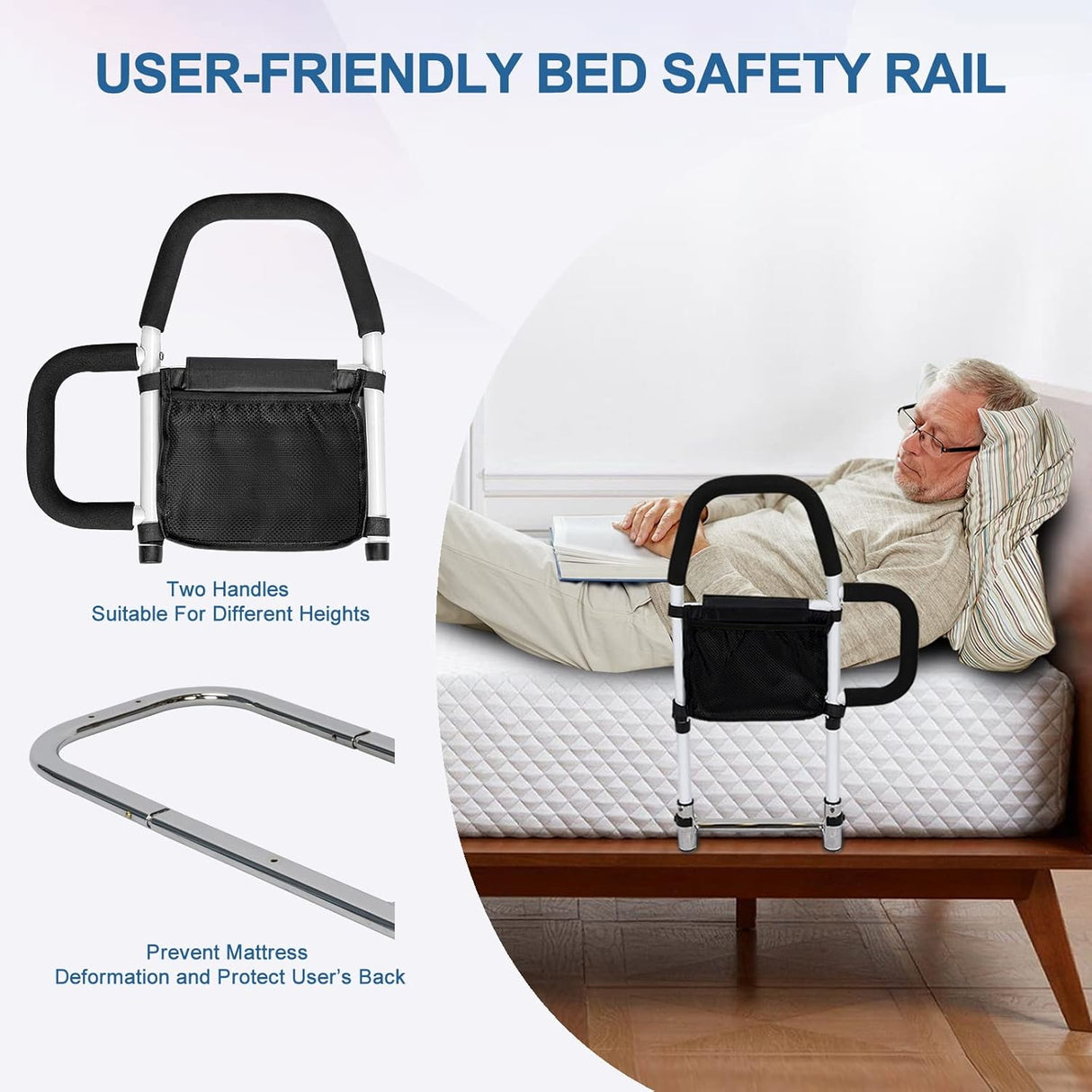 Bed Rail for Elderly Height Adjustable Medical Bed Support Bar Safety Assist Rail with Storage Pocket and Fixing Straps, Safety Bed Rail Under Mattress Bed Guard Bed Handles Bars