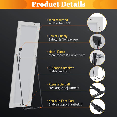 LED Full Length Mirror, 160 x 50 cm Floor Mirror with Lights, Wall Mounted Lighted Mirror, Free Standing Mirror, Dressing Body Mirror, 3 Color Lighting & Dimmable Brightness