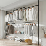 Adjustable Garment Rack Floor-to-Ceiling Clothes Rack - Thick Steel, Nail-Free Installation, with 4 Pillars, 5 Bars, and 2 Mesh Shelves