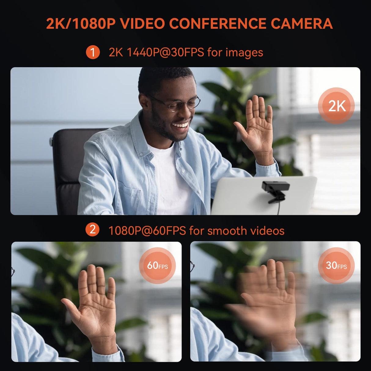 2K Web Camera, HD1080P/60fps, USB PC Computer Webcam with Dual Microphone & Privacy Cover, 90°-Wide-Angle Streaming Webcam for Calling, Conferencing,Plug and Play, for Zoom/Skype/Teams/Webex