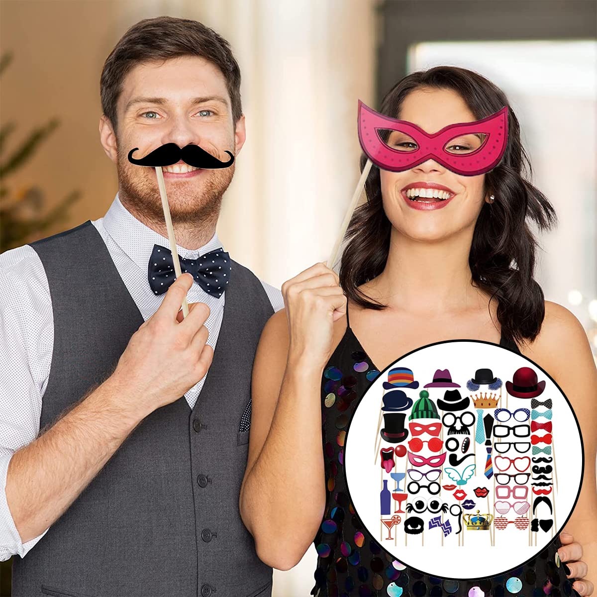 Party Photo Booth Props, 58 Pcs Funny Photo Booth Party Decorations Moustache Glasses Hats Crowns for Party Selfie Props, Memory Photo, Birthday Party