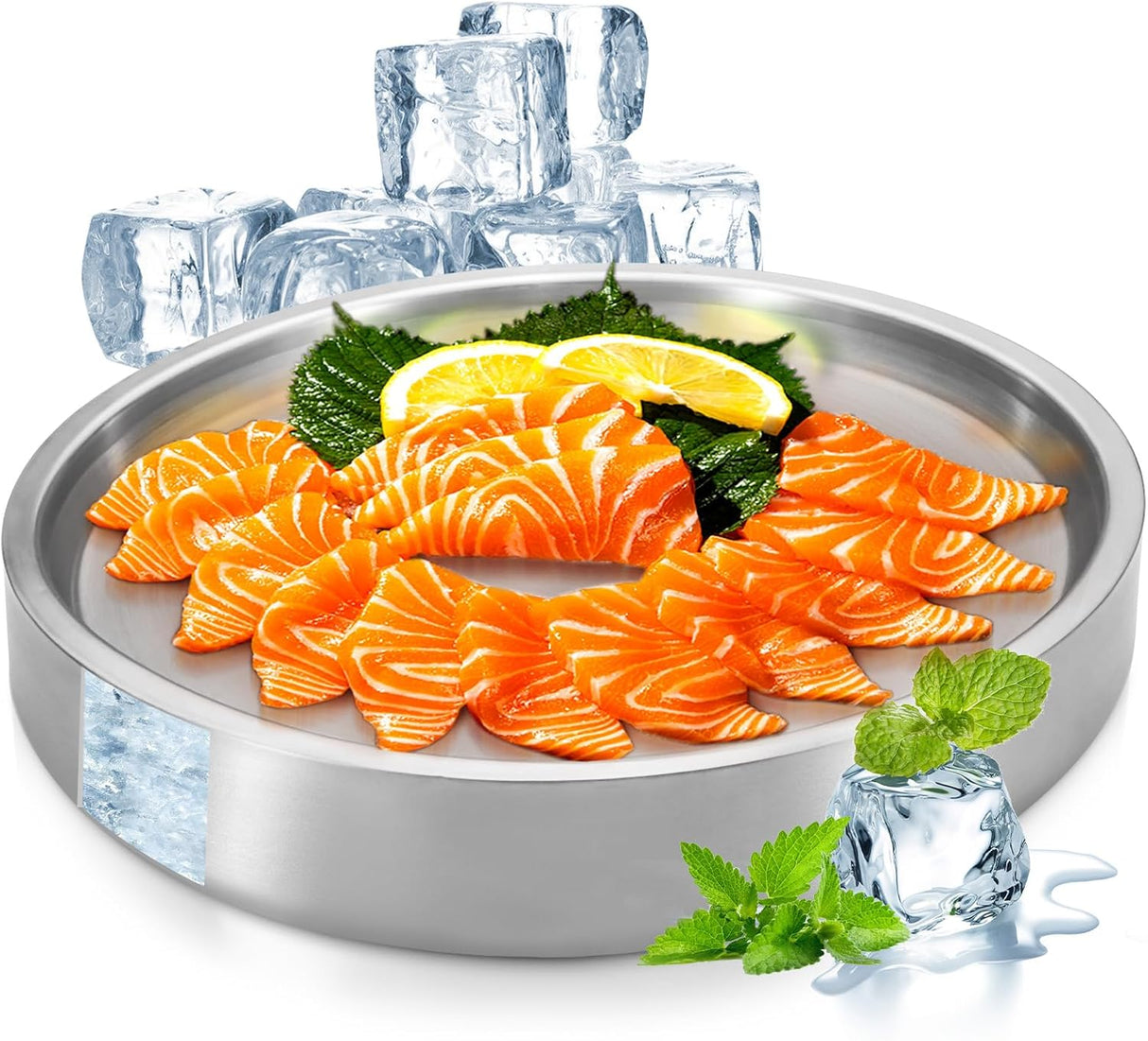 Stainless Steel Chilled Serving Tray, Silver Cold Serving Tray Platter with Ice Chamber, Shrimp Cocktail Serving Dish with Ice, Chilled Serving Bowl for Party Fruit Food Buffet