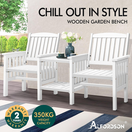 Outdoor Loveseat & Table Set Durable Fir Wood Twin Integrated Armchairs,Wooden Garden Bench Furniture Set with Solid Construction Double-Deck Coffee Table White Colour