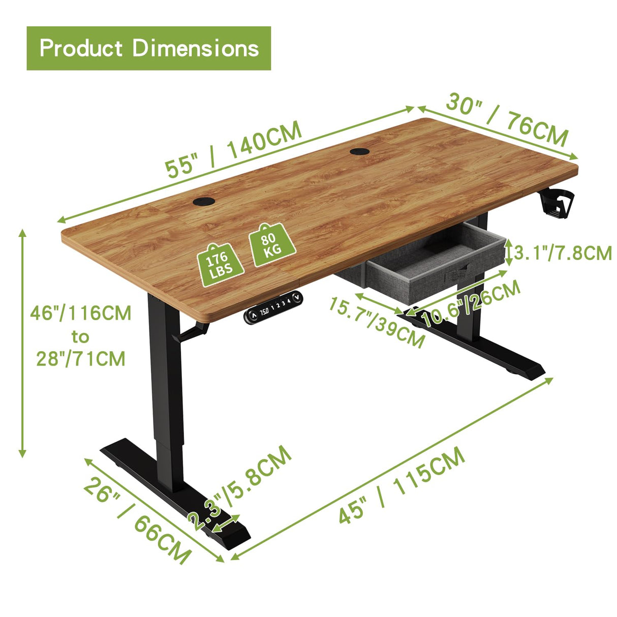 Height Adjustable Electric Standing Desk with Drawer, 55 x 30 Inch(140x76CM) Stand Up Workstation, Computer Desk with Splice Board, Home Office Ergonomic Desk, Brown Top + Black Frame