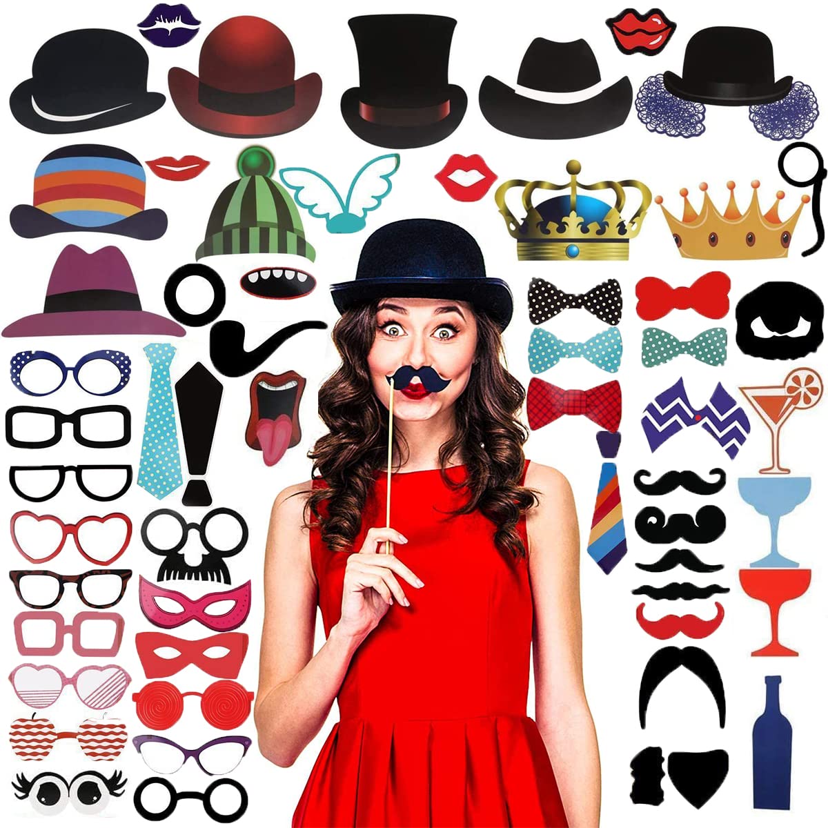 Party Photo Booth Props, 58 Pcs Funny Photo Booth Party Decorations Moustache Glasses Hats Crowns for Party Selfie Props, Memory Photo, Birthday Party