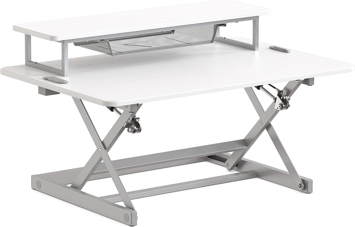 Height Adjustable Standing Desk Converter with Pneumatic Lift and Monitor Riser, 36-Inch, White