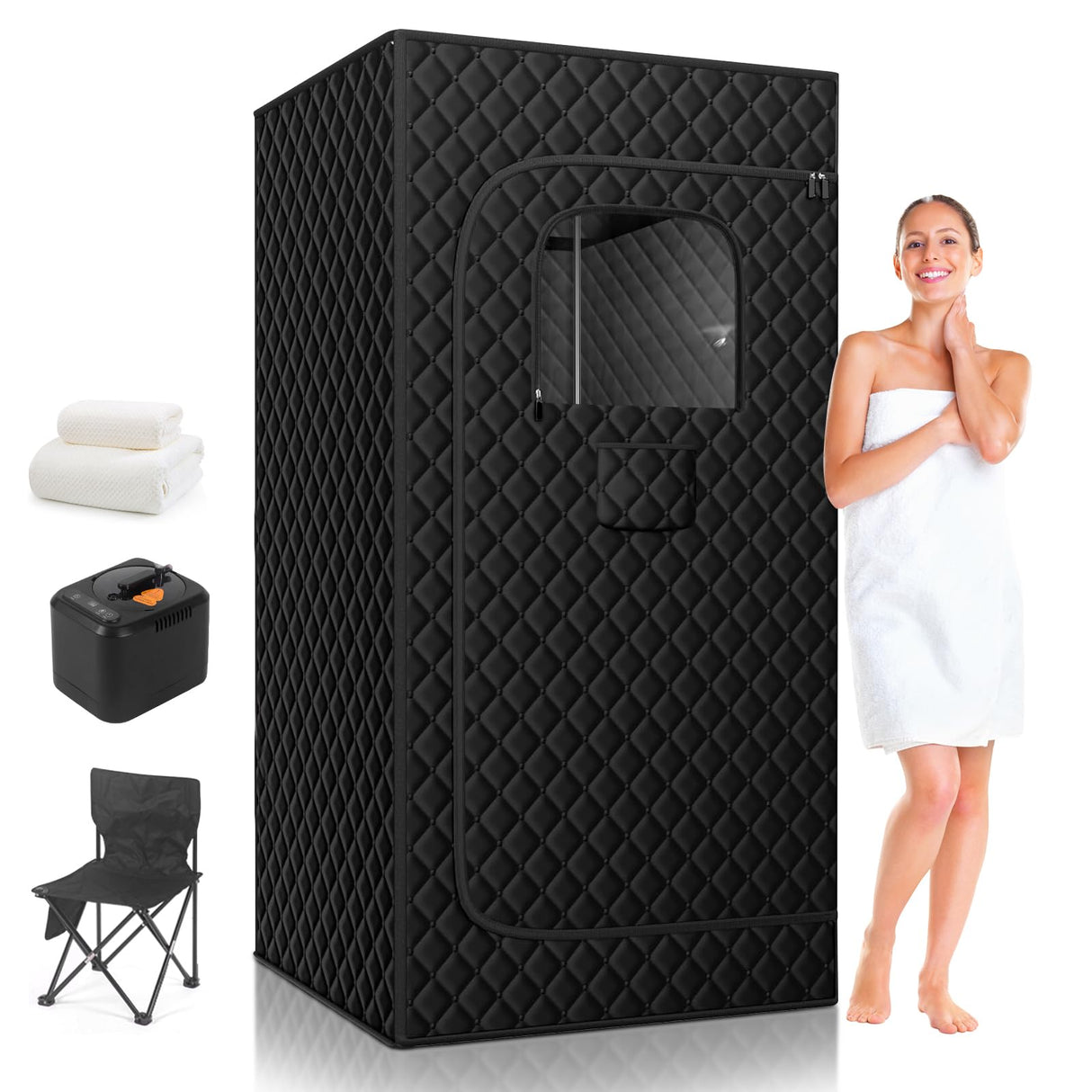 Portable Steam Sauna, Portable Sauna for Home, Sauna Tent Sauna Box with 3L Steamer, Remote Control, Folding Chair, Large Bath Towel, 80x 80x180 - Black