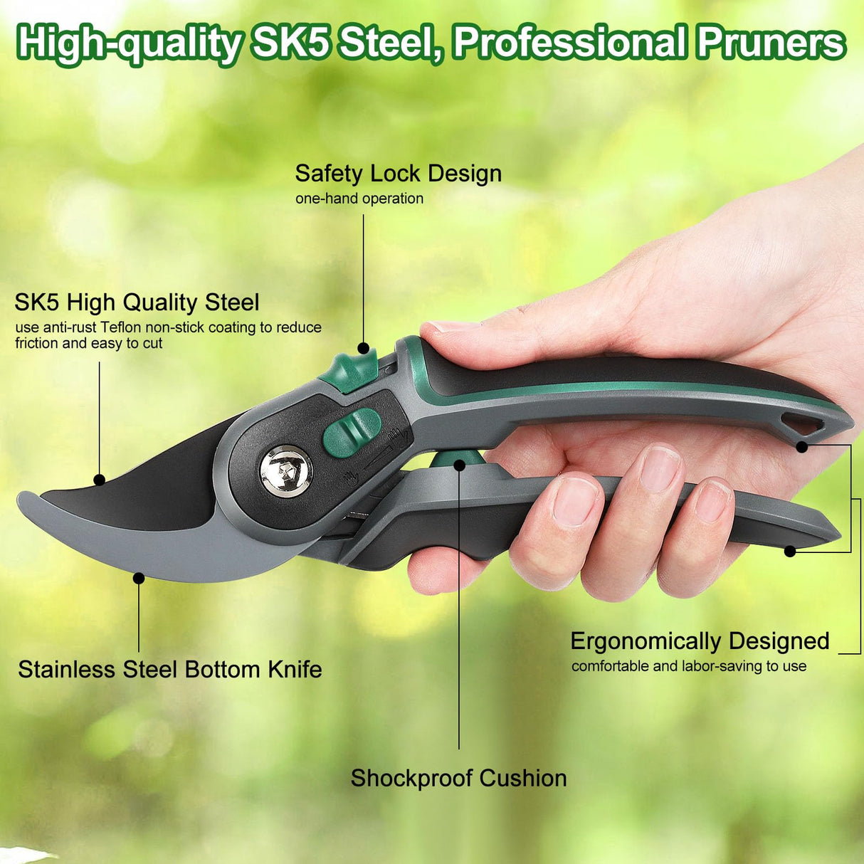 Garden Pruners, Pruning Shears for Gardening Heavy Duty with Grade High Carbon Steel, Best Bypass Pruner Garden Shears Professional Gardening Tools