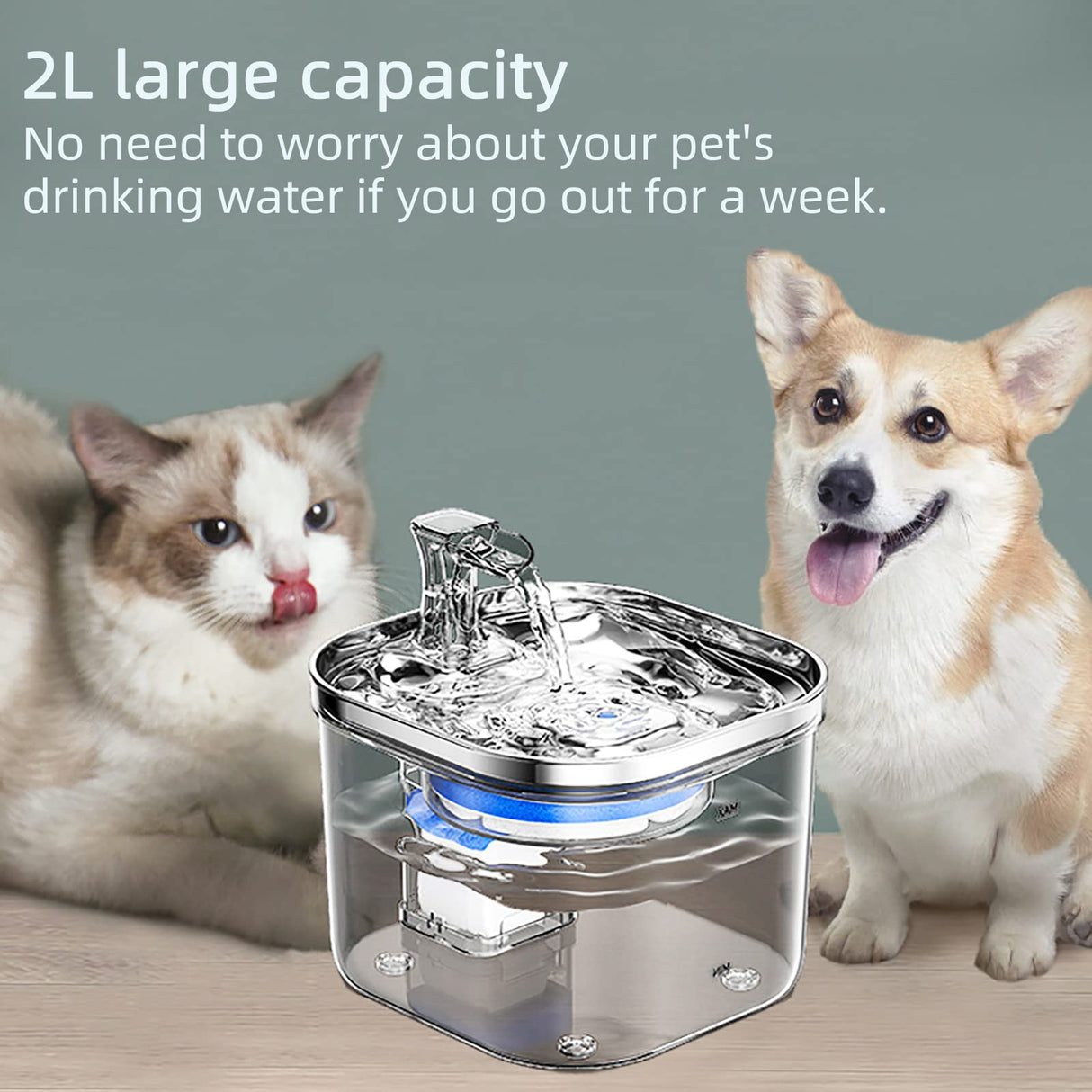 Pet Water Fountain 2L, 304 Stainless Steel Smart Pet Drinking Fountain, Ultra-Quiet and Circulating Water Filtration System for Cat Water Fountain