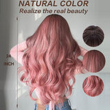 24 Inch Long Pink Wigs for Women Wavy Curly Wig Center Parted No Bangs Synthetic Hair Wig