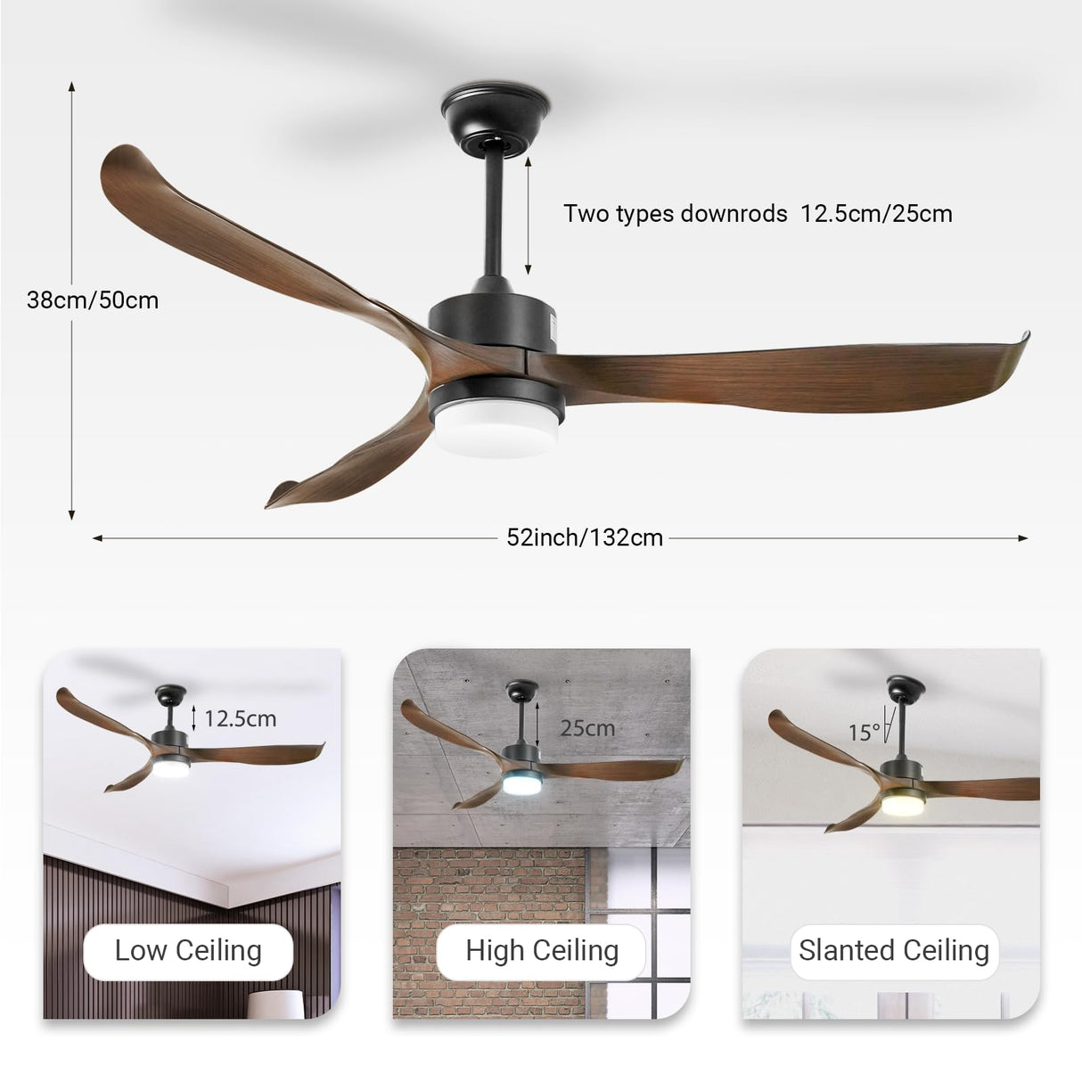 56" Modern Ceiling Fan with Lights and Remote, Black Walnut Ceiling Fan, 3 Curved Blades, Noiseless Reversible Motor, Indoor LED Ceiling Fan for Kitchen Bedroom Living Room